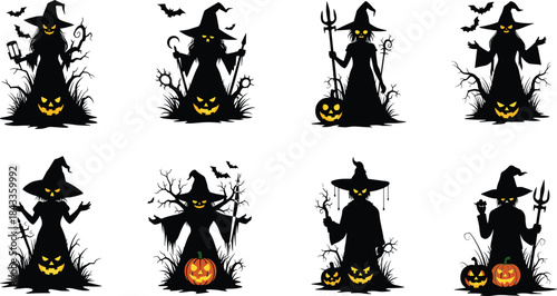 Halloween witch silhouettes, glowing eyes, jack-o'-lanterns, bats, spooky trees, pitchforks, magical staffs, festive props, eerie costumes, white background