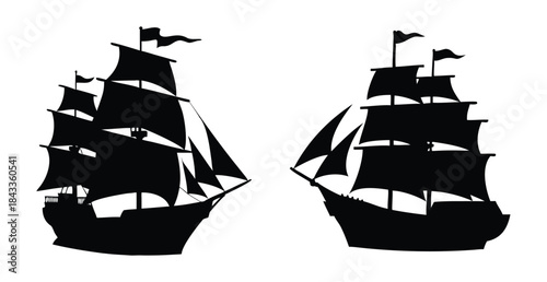 Two black silhouette sailing ships or galleons facing each other