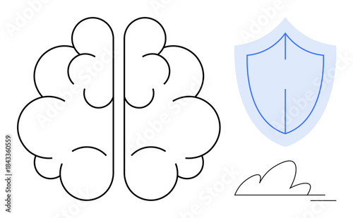 Brain health, security protection, cognitive safety, mental resilience, psychological well-being, defense mechanism. Brain outline with a shield. Brain health and security protection concept