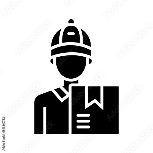 Delivery man icon, courier vector pictogram on white background. Delivery guy in cargo uniform holding a box, simple flat line illustration