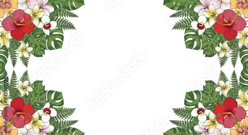 Vibrant Tropical Floral Border with Red Hibiscus and White Plumeria.