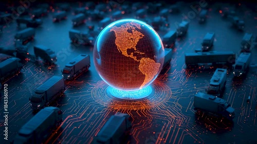 Glowing digital globe surrounded by data network nodes representing global logistics and technology
