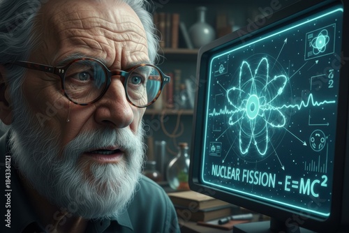 An elderly scientist with a beard and glasses closely examines a glowing computer screen displaying nuclear fission graphics in a cluttered laboratory filled with scientific equipment