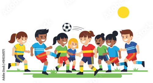 Diverse group of children playing soccer on a grassy field under a bright sun.