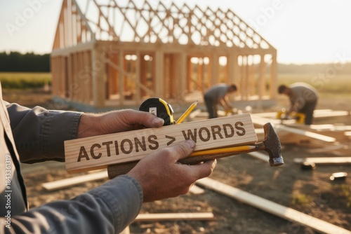 Two workers frame a house during sunset, while one holds a wooden sign reading Actions Words next to tools on a construction site