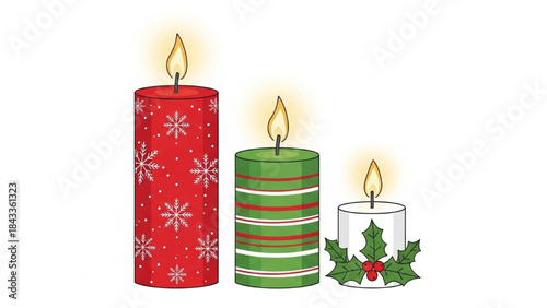 Christmas Candles Burning with Holly on White Background