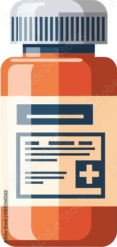 An illustrated orange prescription pill bottle with a white cap and medical label design