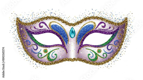 Mardi Gras Mask with Purple, Green, Blue and and Gold Decorations