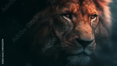 Majestic lion portrait illuminated by dramatic lighting in dark setting