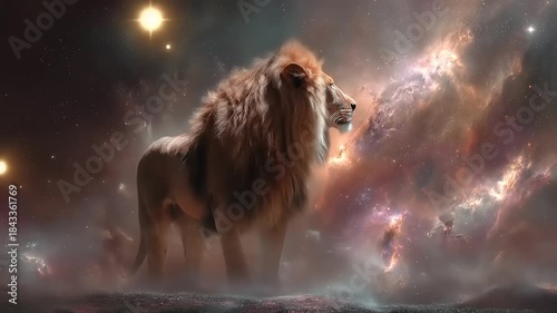 Majestic lion stands proudly against a backdrop of cosmic nebulae