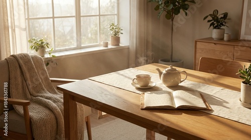 Sunlit cozy home workspace with open book, coffee, and warm natural light by the window