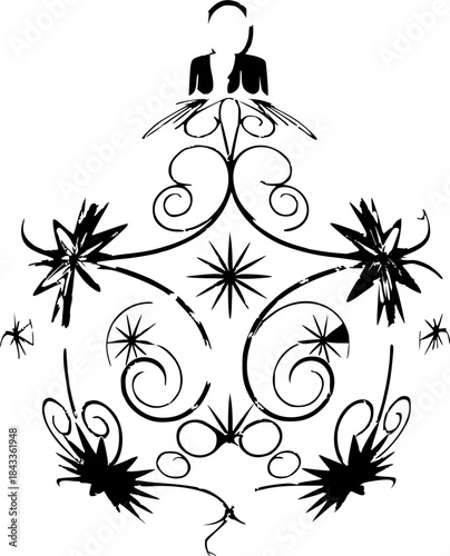 Black Christmas Tree Silhouette with Spiders and Ornaments on White