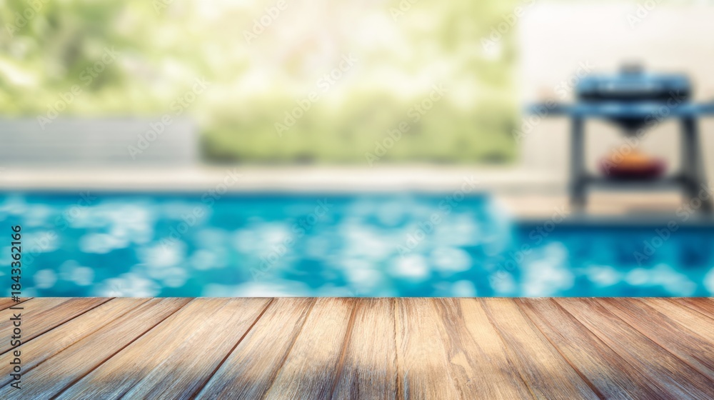 Fototapeta premium Wooden table near backyard pool and barbecue