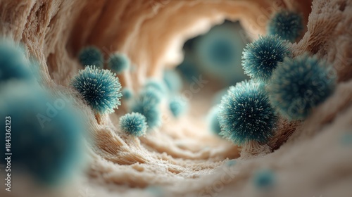 Microscopic virus particles inside organic tissue tunnel