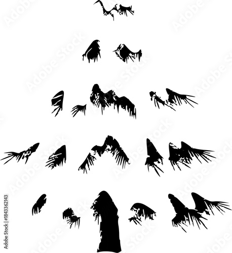 Black Birds Flying Silhouettes on White Background