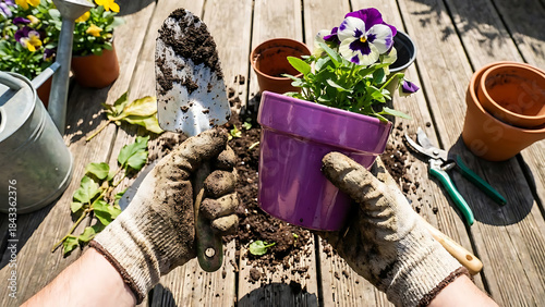gardening tools and flowers
