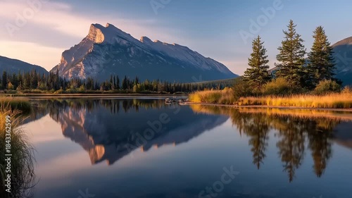 Mountain reflects in still lake at sunrise scenic landscape