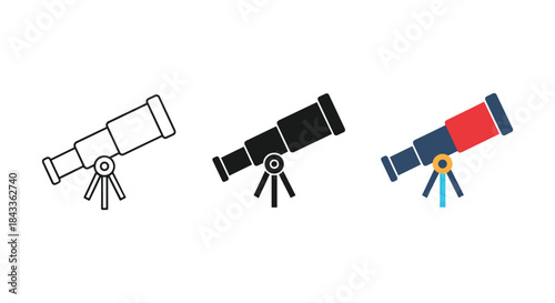 Telescope icons in different styles and colors