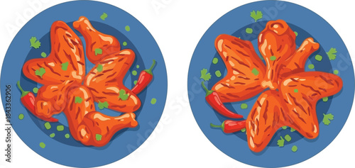 Spicy chicken wings arranged in floral patterns on blue plates with herbs and peppers