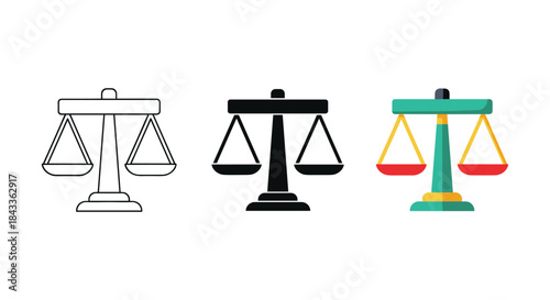 Different styles of scales of justice icon set