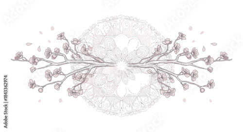 Elegant Symmetrical Floral Branches with Delicate Buds and Intricate Central Mandala Design.