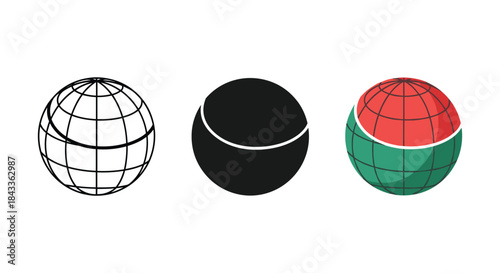 Different representations of a sphere with grid lines and color variations