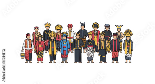 Group of Indonesian People in Traditional Colorful Costumes.