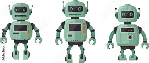Three friendly cartoon robots standing in a row showcasing futuristic technology and design