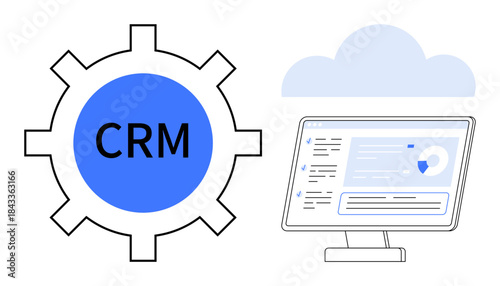 Customer management, business operations, cloud technology, IT services, software solutions, data analytics. CRM gear next to a cloud and computer screen interface. Customer management and business