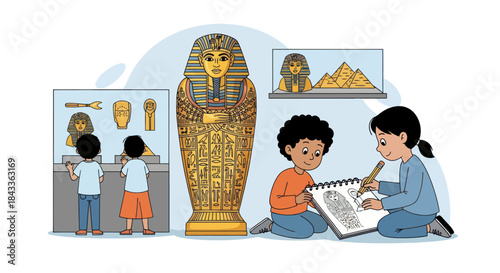 Children learning about ancient Egyptian artifacts in a museum exhibit.