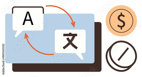 Speech bubbles showing text translation with currency icons, emphasizing global exchange. Ideal for translation, international trade, global communication, e-commerce, finance, localization