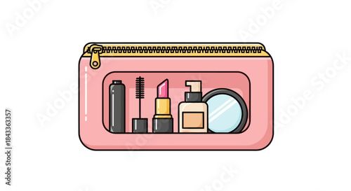 Illustrated Pink Cosmetic Bag with Makeup Essentials.