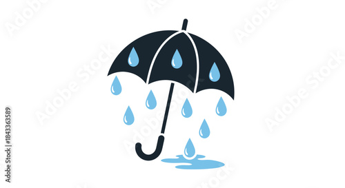 Cartoon Black Umbrella with Falling Raindrops Illustration.
