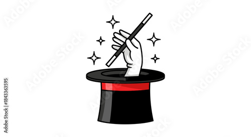 Hand Emerging from Top Hat with Magic Wand and Sparkles.