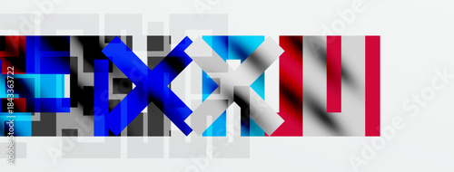 Abstract geometric composition. Red, blue, gray blocks create dynamic visual texture. Minimalist design, modern aesthetic.