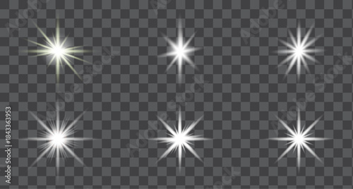 Set of Glowing white sparkle, white Star vector, len flare, twinkling and flashing lights, White Sunlight, white sparkling. Great for Christmas, festive party overlay