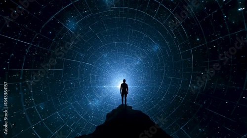 Human silhouette standing on rock facing glowing cosmic tunnel in deep space scene
