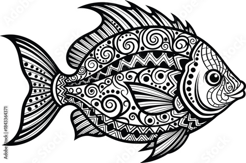 Intricate black and white illustration of a fish with detailed ornamental patterns and designs