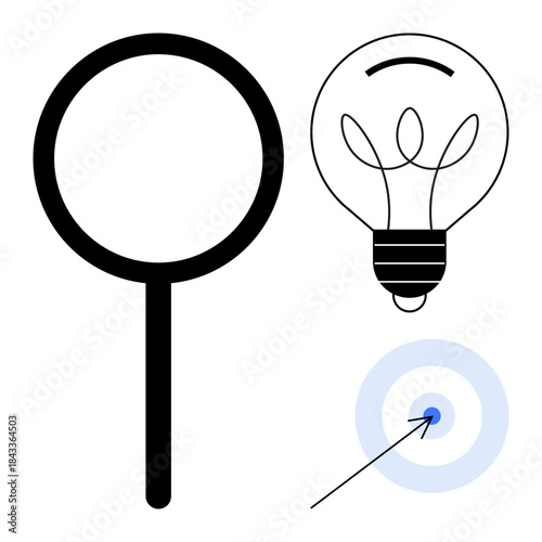 Business strategy, innovation, problem-solving, goal setting, creativity, planning. Magnifying glass, lightbulb arrow hit target. Strategy and innovation with clear conceptual design