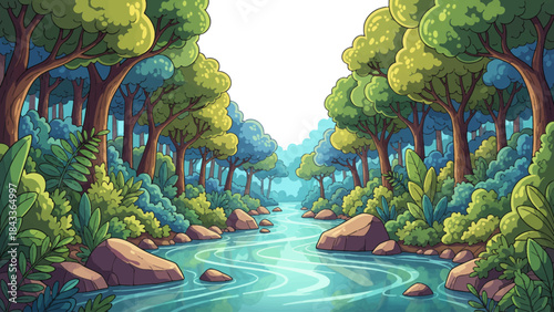 lush forest surrounding a winding river, featuring dense vegetation, layered trees, and a thriving natural ecosystem, on white isolated sky