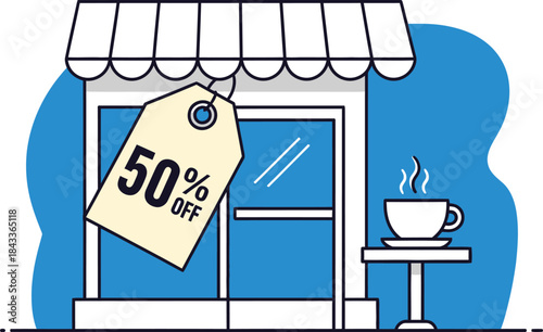 A storefront displaying a fifty percent off sale with coffee and a welcoming atmosphere