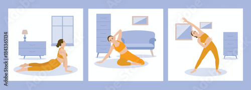 Woman Exercising in Living Room, Digital Illustration Set