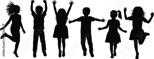 Silhouettes of Happy Jumping Children in Playful Poses Representing Joyful Childhood, Active Lifestyle, Fun, Friendship, and Outdoor Energy
