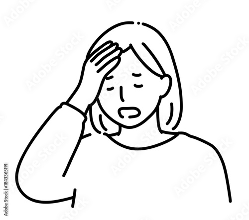 ため息をつくイライラした女性のモノクロ線画イラスト