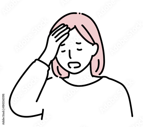 ため息をつくイライラした女性の線画イラスト｜ストレス