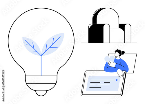 Sustainability concept. Sustainability by eco-friendly light bulb, digital technology, and education. Sustainability motivates future designs and innovations. Perfect for education, technology