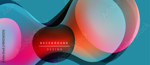 Abstract fluid shapes overlap, creating vibrant color gradients. Blue, pink, orange hues blend seamlessly. Modern design element.