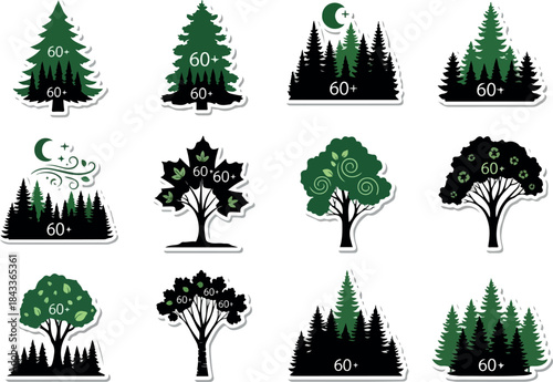 Green Forest Tree Icon Set Representing Growth and Time