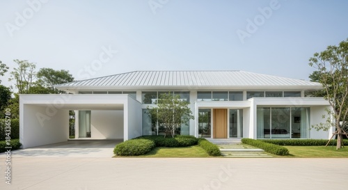 Modern white house with carport and lush green landscaping