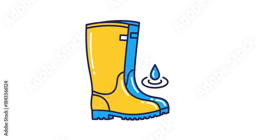 Yellow and blue rubber boot with a water droplet indicating waterproof protection.